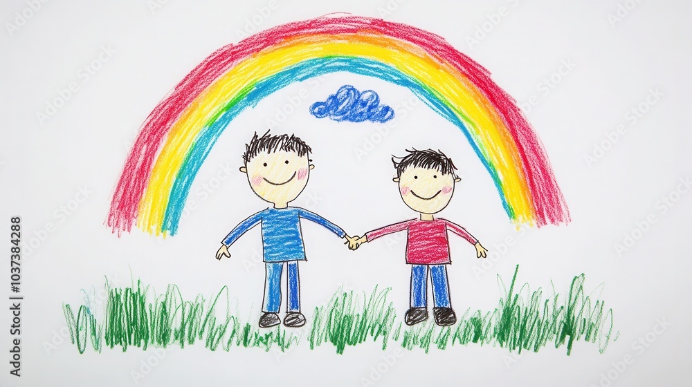 lgbt concept, two men holding hands under a colorful rainbow with fluffy clouds in a joyful drawing captured on a white background lgbt concept, two men holding hands under a colorful rainbow with fluffy clouds in a joyful drawing captured on a white background