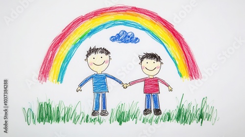 lgbt concept, two men holding hands under a colorful rainbow with fluffy clouds in a joyful drawing captured on a white background