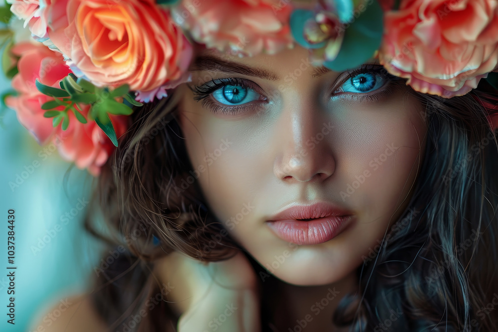 A close-up of a woman showcasing her enchanting blue eyes while adorned with a crown of colorful roses and lush greenery, radiating beauty and elegance in gentle natural light A close-up of a woman showcasing her enchanting blue eyes while adorned with a crown of colorful roses and lush greenery, radiating beauty and elegance in gentle natural light
