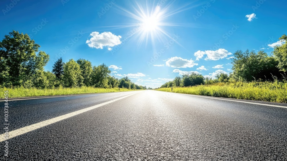 A summer highway with clear skies and the sun shining down on the asphalt. for product display concept of car sale A summer highway with clear skies and the sun shining down on the asphalt. for product display concept of car sale