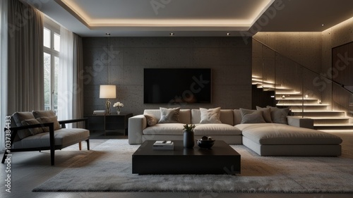 Wallpaper Mural living room with elegance and diversity of modern gray color palette. The sofa is upholstered in a luxurious gray fabric. The minimalist design of the room evokes a sense of calm and sophistication. Torontodigital.ca