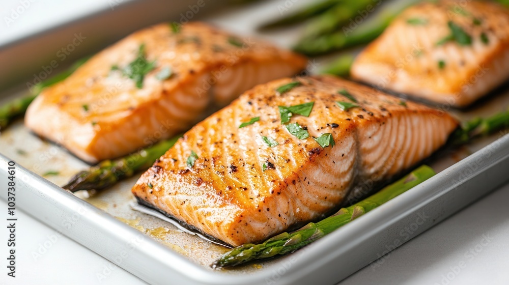 A close-up view of a grilled salmon fillet topped with fresh dill and served with asparagus creates a visually appealing and deliciously enticing meal option, keto diet A close-up view of a grilled salmon fillet topped with fresh dill and served with asparagus creates a visually appealing and deliciously enticing meal option, keto diet