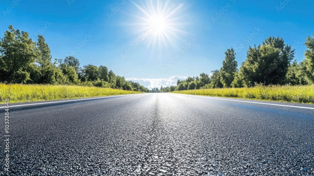 A summer highway with clear skies and the sun shining down on the asphalt. for product display concept of car sale A summer highway with clear skies and the sun shining down on the asphalt. for product display concept of car sale
