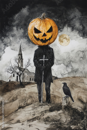 Watercolor painting of pumpkin monster head on man body holding cross standing over church, crow, dead tree, full moon and cloudy sky, Vintage style, Halloween mystery concept