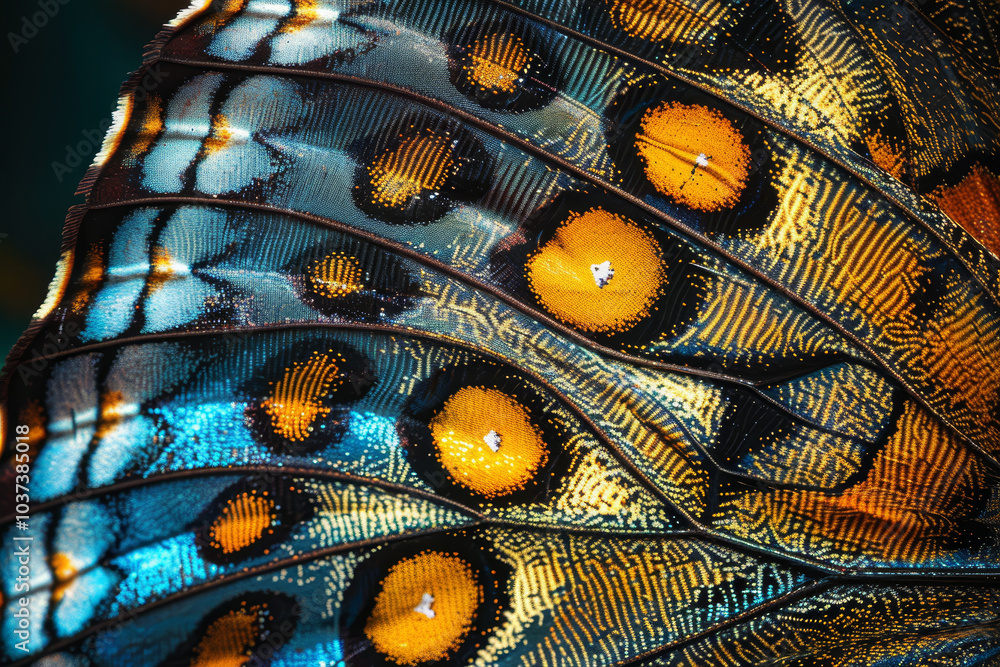 The intricate patterns on this butterfly's wing showcase vibrant blue and orange hues, highlighting the beauty and complexity of natural design found in wildlife The intricate patterns on this butterfly's wing showcase vibrant blue and orange hues, highlighting the beauty and complexity of natural design found in wildlife