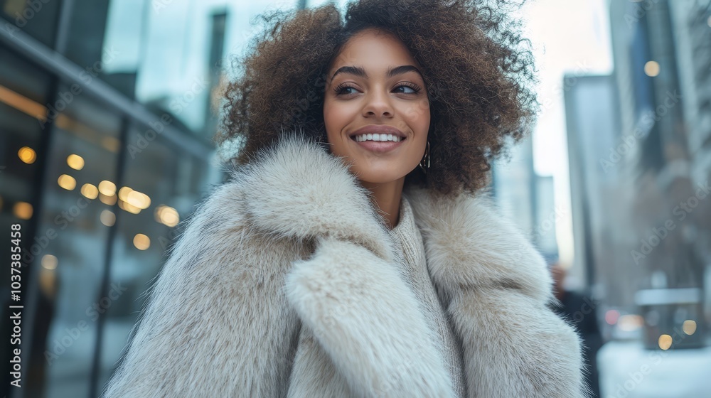 Smiling young woman in a faux fur coat Smiling young woman in a faux fur coat