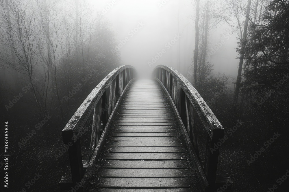 Wooden footbridge disappearing into the fog, soft light at the horizon, eerie but peaceful atmosphere, surrounded by dense trees Wooden footbridge disappearing into the fog, soft light at the horizon, eerie but peaceful atmosphere, surrounded by dense trees