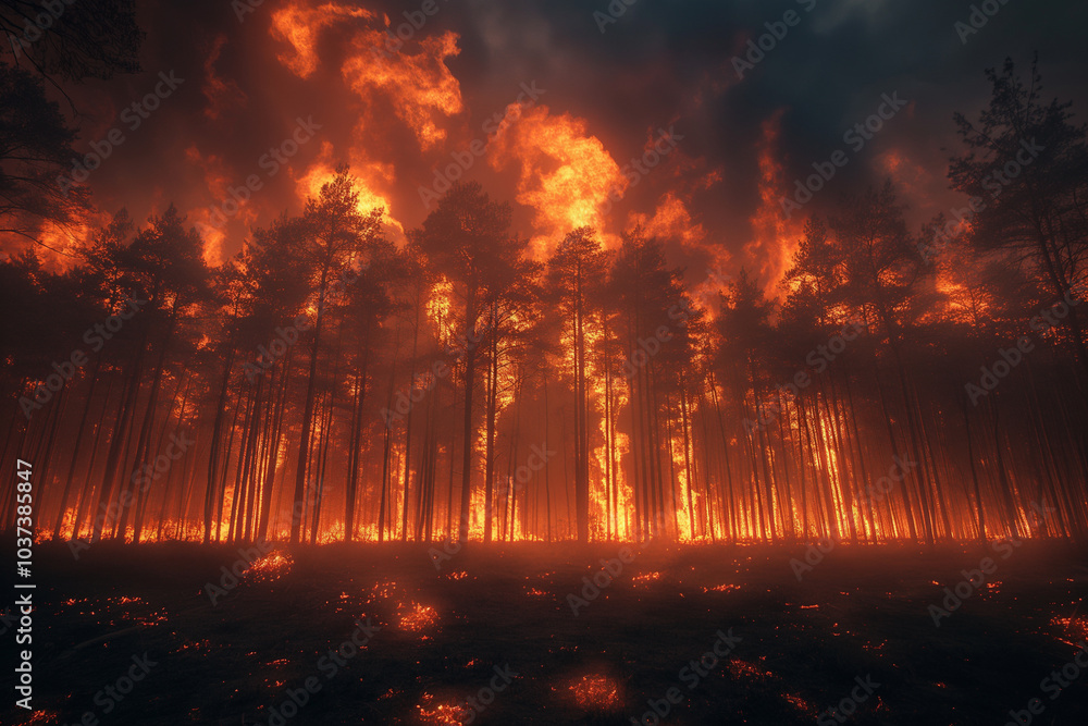 Forest fire, wildfire in the night. Damaged environment caused by global warming. Forest fire, wildfire in the night. Damaged environment caused by global warming.