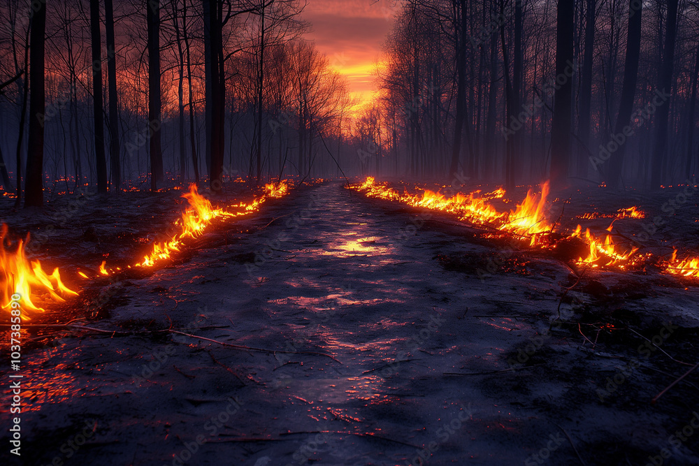Forest fire, wildfire in the night. Damaged environment caused by global warming. Forest fire, wildfire in the night. Damaged environment caused by global warming.