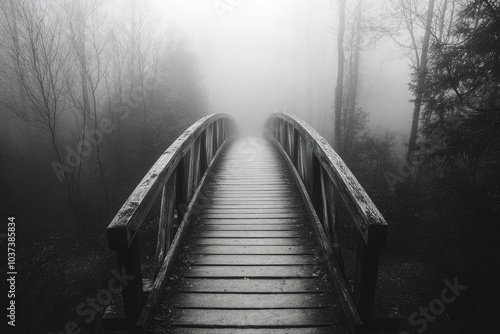 Wooden footbridge disappearing into the fog, soft light at the horizon, eerie but peaceful atmosphere, surrounded by dense trees