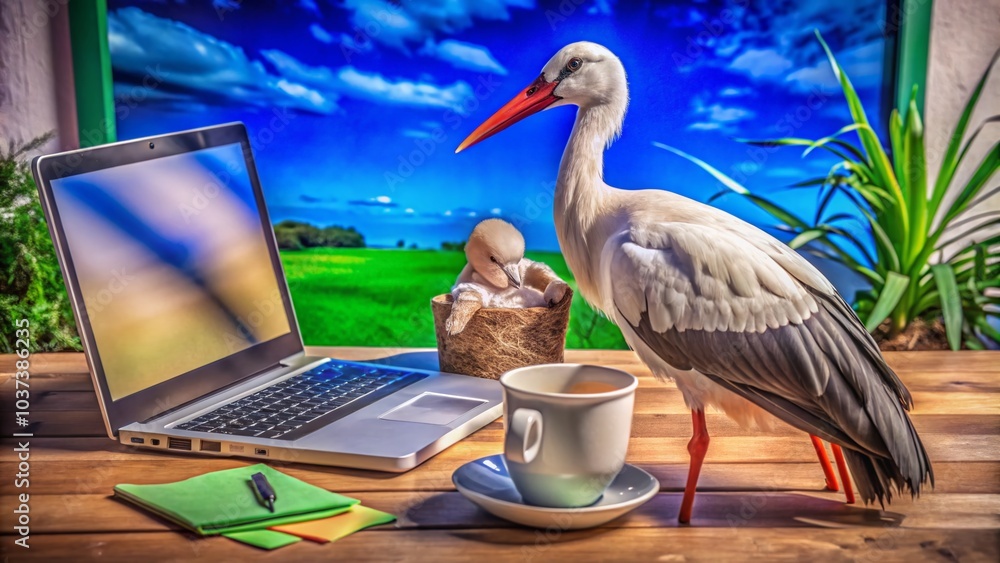 Obraz premium Stork with Baby Next to Businesswoman at Desk - Motherhood and Career Balance