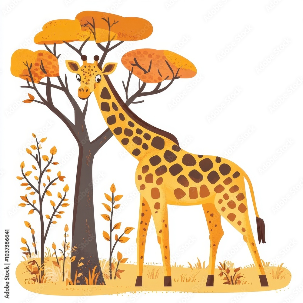 Fototapeta premium A playful giraffe standing beside a tree in a vibrant autumn landscape, showcasing natural beauty and wildlife.
