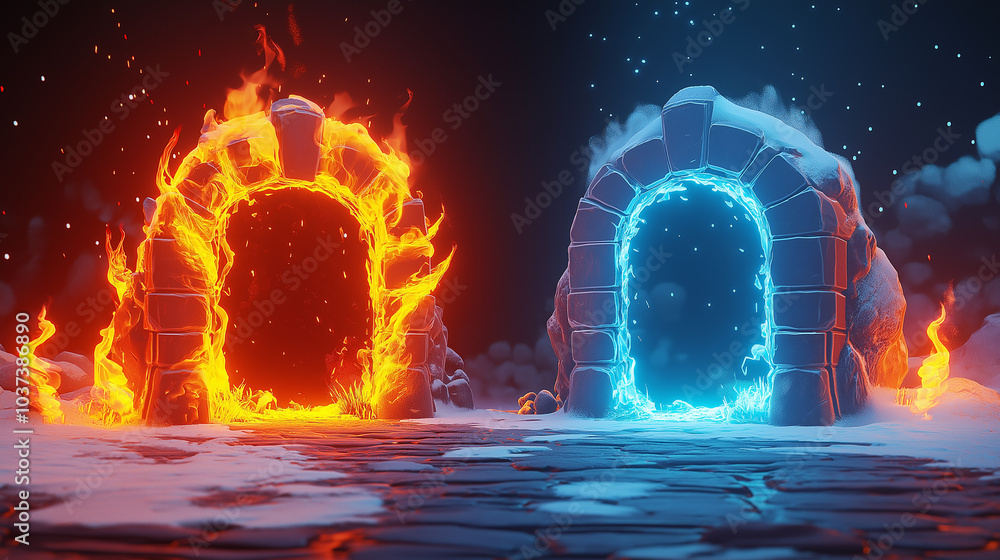 Fiery portal of flames next to icy blue portal, contrasting elements of fire and ice in a magical fantasy world setting with strong elemental energy Fiery portal of flames next to icy blue portal, contrasting elements of fire and ice in a magical fantasy world setting with strong elemental energy