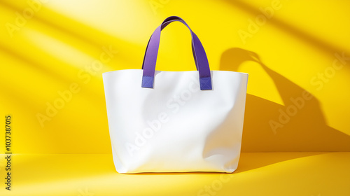 Minimalistic white tote bag with purple handles on bright yellow background, showcasing stylish eco-friendly shopping accessory in modern vibrant color contrast photo