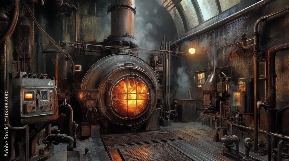A dimly lit industrial room featuring a large furnace with flames and pipes. A dimly lit industrial room featuring a large furnace with flames and pipes.