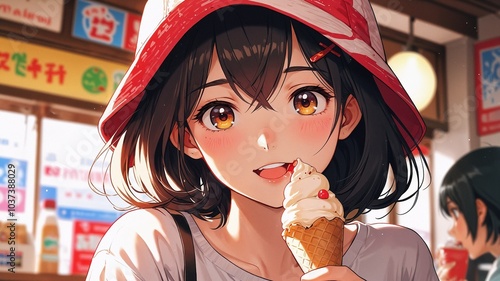 Cheerful Anime Girl Enjoying Ice Cream Cone Against Colorful Shop Background