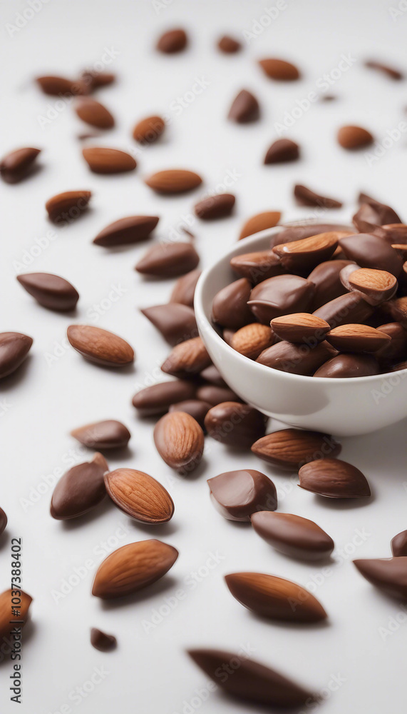 Almonds and chocolate bars and falling on bowl of melted chocolate in white background Copy space ve Almonds and chocolate bars and falling on bowl of melted chocolate in white background Copy space ve