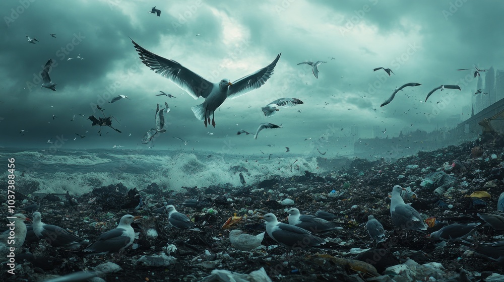 A seagull flies over a polluted beach filled with garbage and turbulent waves. A seagull flies over a polluted beach filled with garbage and turbulent waves.