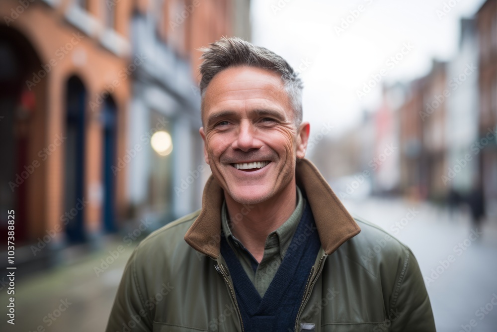 Portrait of a handsome middle-aged man smiling at the camera in the street Portrait of a handsome middle-aged man smiling at the camera in the street