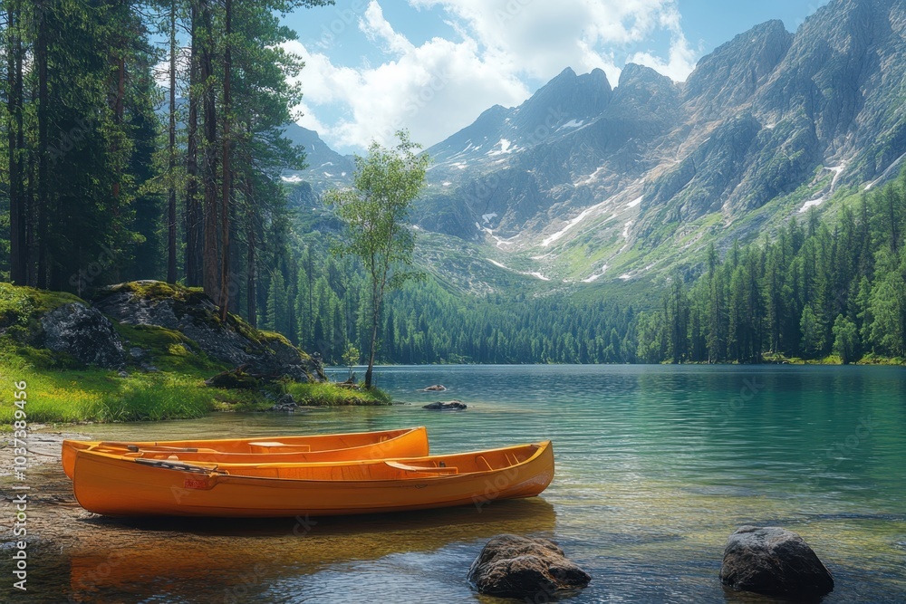 Discovering tranquility in a serene mountain lake with an orange canoe under a clear sky Discovering tranquility in a serene mountain lake with an orange canoe under a clear sky