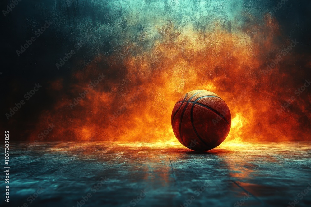 A basketball glows with intensity amidst vibrant flames in a dimly lit environment at dusk A basketball glows with intensity amidst vibrant flames in a dimly lit environment at dusk