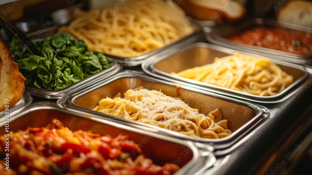 A mouthwatering pasta bar with options like spaghetti, penne, and fettuccine A mouthwatering pasta bar with options like spaghetti, penne, and fettuccine