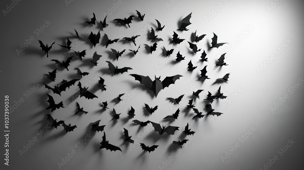 Obraz premium Black paper bats arranged in a circular pattern on a gray background, giving the illusion of bats flying in a spooky formation for Halloween --chaos