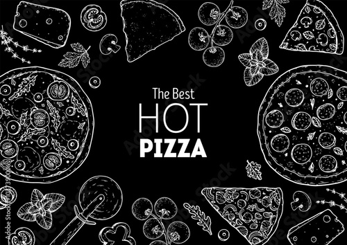 Hand drawn set of pizza. Italian pizza design template. Vector illustration