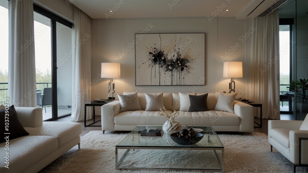 Fototapeta premium Modern living room with a calm atmosphere bathed in soft natural light. Clean white walls and a plush white sofa create a clean and airy atmosphere.
