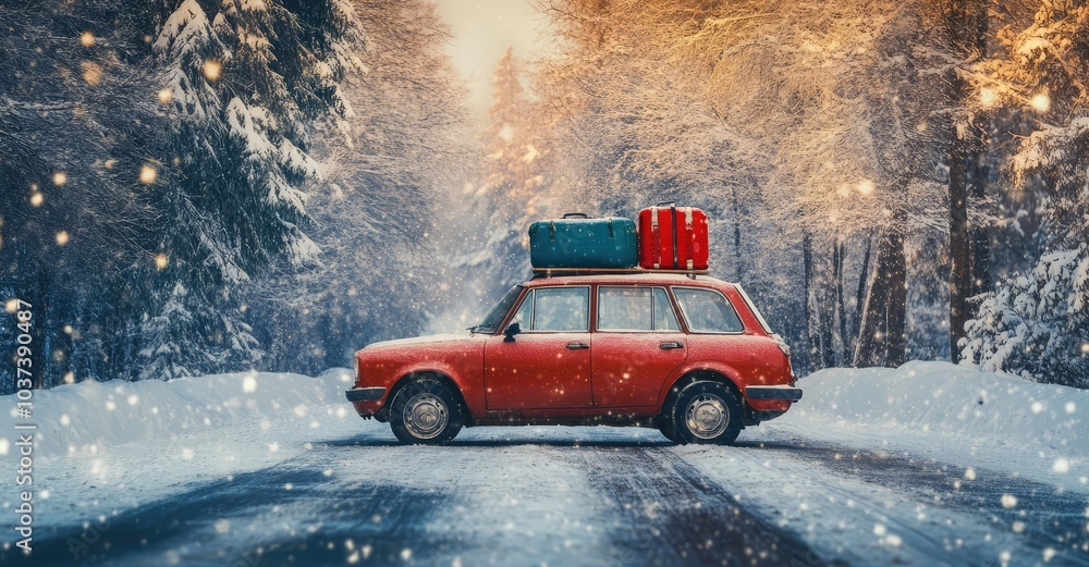 Car with Luggage Ready for Winter Vacation. AI generated illustration. Car with Luggage Ready for Winter Vacation. AI generated illustration.
