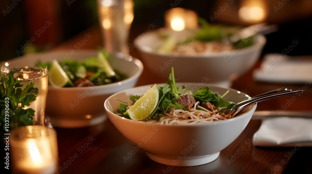 A mouthwatering pho noodle bar with choices like beef, chicken, and tofu A mouthwatering pho noodle bar with choices like beef, chicken, and tofu