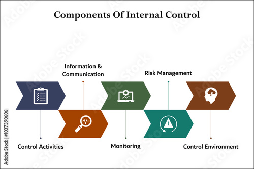 Five components of internal control - Control Activities, information and communication, monitoring, risk management, control environment. Infographic template with icons and description placeholder