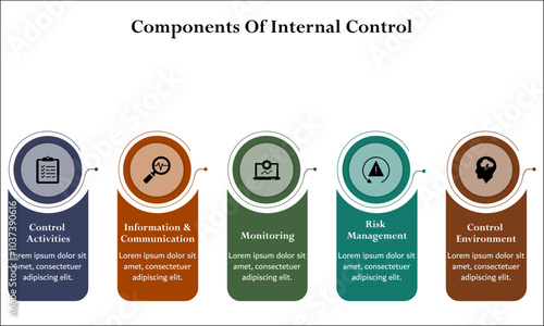 Five components of internal control - Control Activities, information and communication, monitoring, risk management, control environment. Infographic template with icons and description placeholder