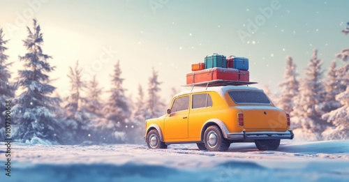 Car with Luggage Ready for Winter Vacation. AI generated illustration.