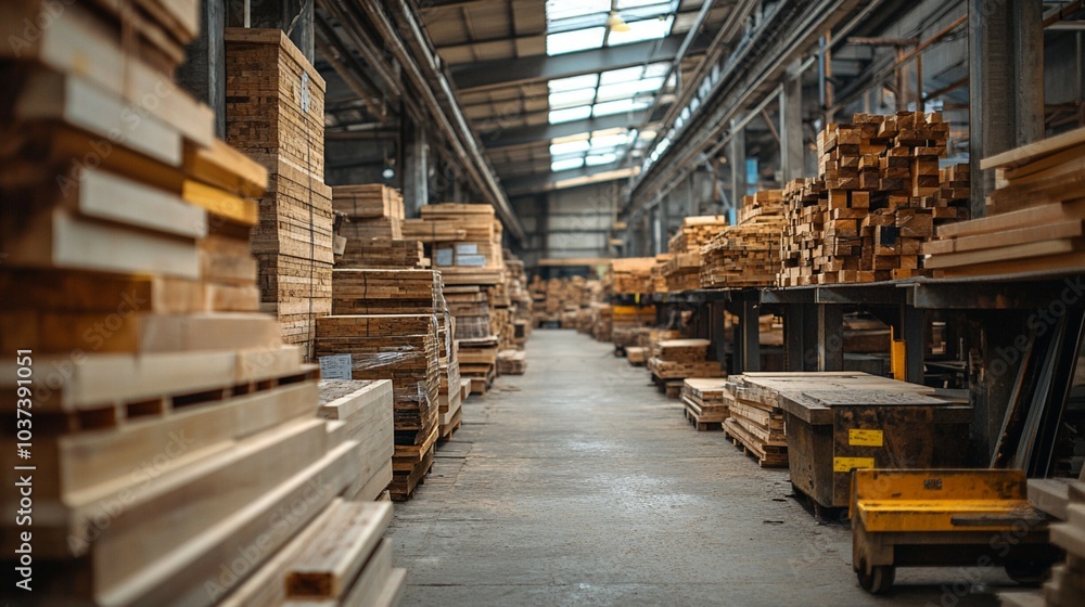 Neatly arranged pine wood planks in a factory, showcasing efficient storage and modern timber processing methods. Neatly arranged pine wood planks in a factory, showcasing efficient storage and modern timber processing methods.