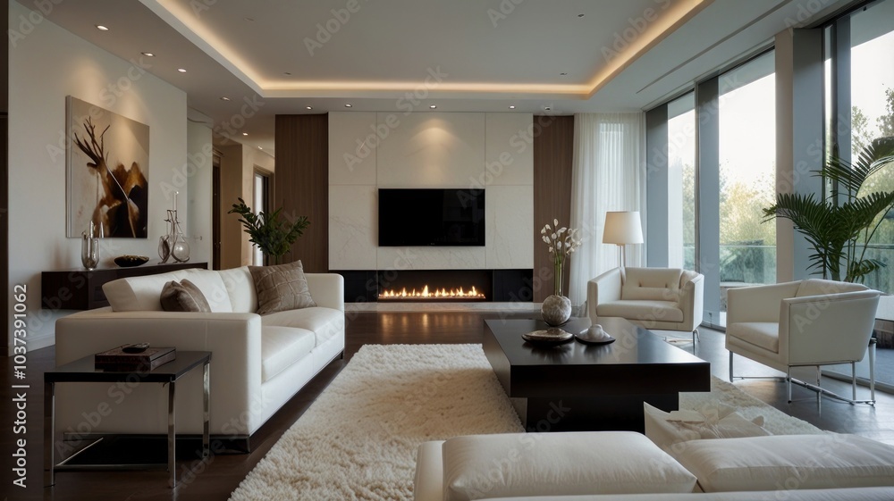 Modern living room with a calm atmosphere bathed in soft natural light. Clean white walls and a plush white sofa create a clean and airy atmosphere. Modern living room with a calm atmosphere bathed in soft natural light. Clean white walls and a plush white sofa create a clean and airy atmosphere.