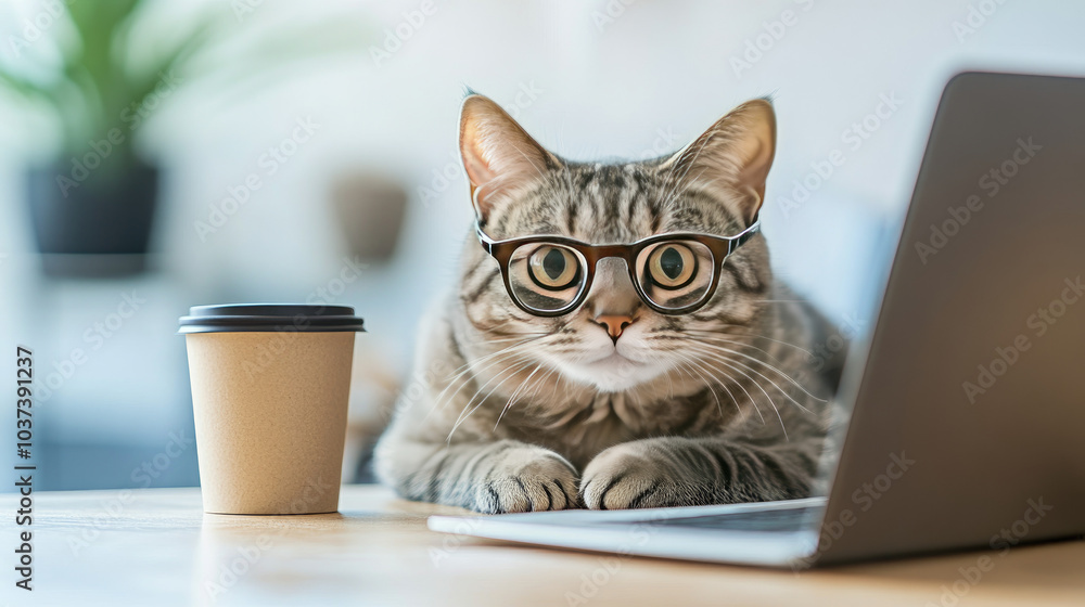 Cat wearing a pair of reading glasses perched on its nose, sitting at a desk with a laptop and a coffee cup nearby. --chaos Cat wearing a pair of reading glasses perched on its nose, sitting at a desk with a laptop and a coffee cup nearby. --chaos