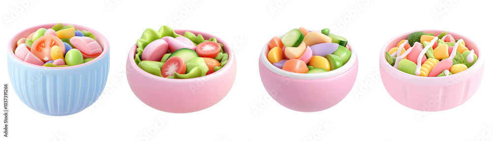 Bowl of vegetable salad 3d cartoon clay style collection isolated on transparent background, PNG. Clipart template Bowl of vegetable salad 3d cartoon clay style collection isolated on transparent background, PNG. Clipart template
