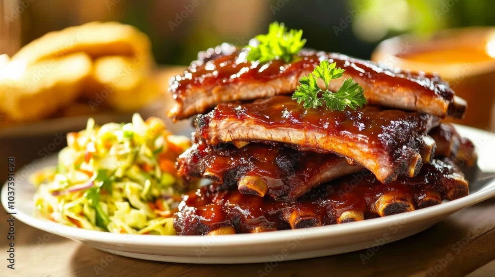 A mouthwatering plate of barbecue ribs glazed with tangy sauce and served with coleslaw and cornbread, Ribs arranged in a neat stack, Soft evening light for a backyard barbecue ambiance A mouthwatering plate of barbecue ribs glazed with tangy sauce and served with coleslaw and cornbread, Ribs arranged in a neat stack, Soft evening light for a backyard barbecue ambiance