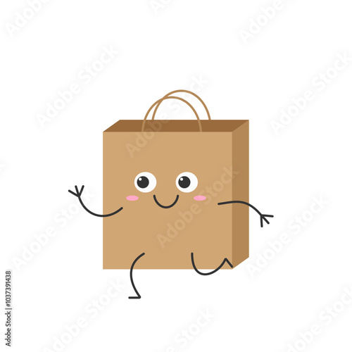 Craft paper bag cute cartoon character running smiling food package shop pack delivery cardboard vector illustration.