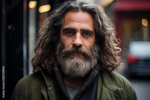 Portrait of a handsome man with long gray beard and mustache in the city