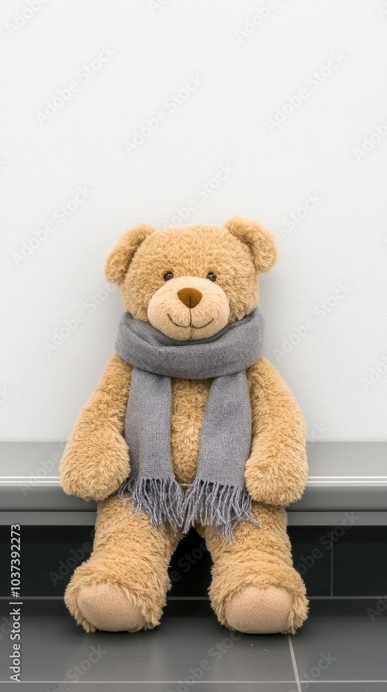 A plush teddy bear adorned with a gray scarf sits gracefully on a soft floor, surrounded by a calming neutral backdrop A plush teddy bear adorned with a gray scarf sits gracefully on a soft floor, surrounded by a calming neutral backdrop
