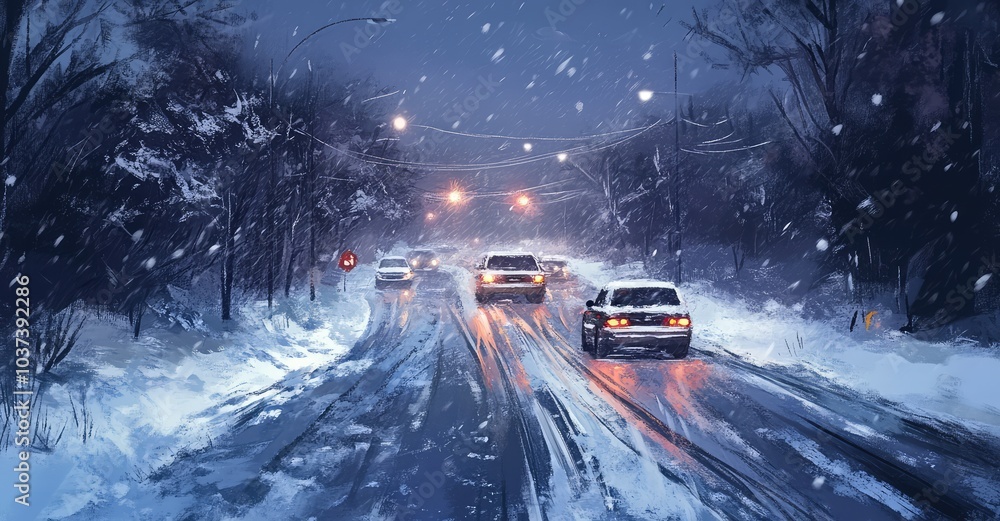 Icy road with snowy cars. AI generated illustration. Icy road with snowy cars. AI generated illustration.