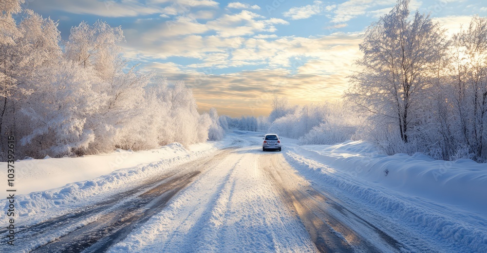 Icy road with snowy cars. AI generated illustration. Icy road with snowy cars. AI generated illustration.