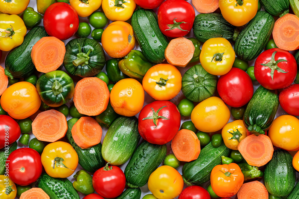 Close up of a variety of vegetables including broccoli, tomatoes, and peppers. Concept of abundance and freshness, showcasing the vibrant colors and textures of the produce Close up of a variety of vegetables including broccoli, tomatoes, and peppers. Concept of abundance and freshness, showcasing the vibrant colors and textures of the produce