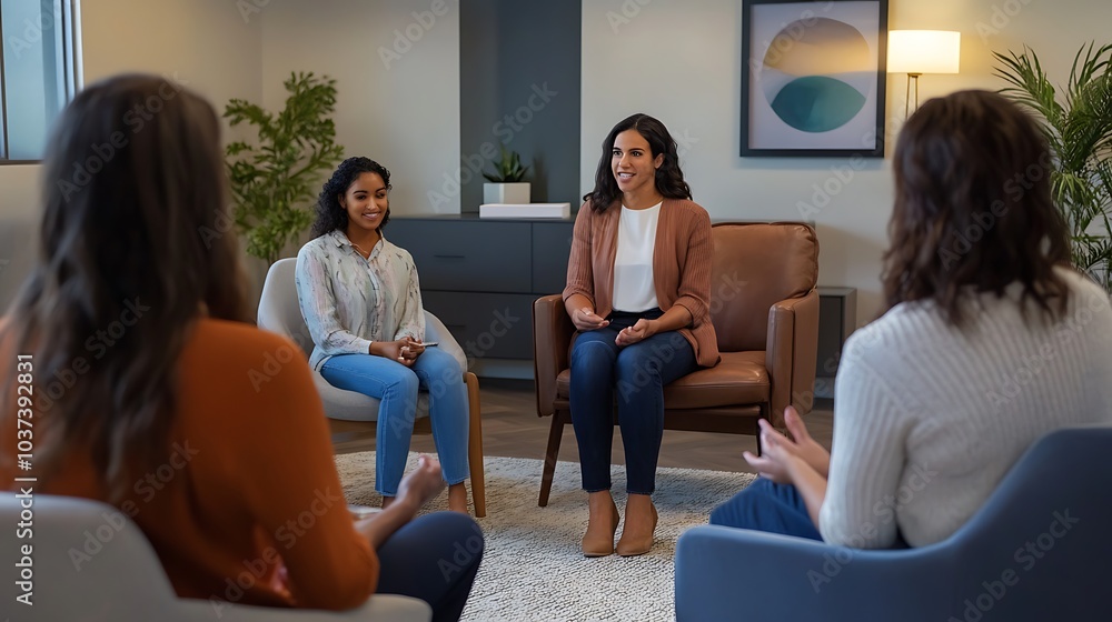 A modern therapy space in California, with a therapist talking to a diverse family during a session A modern therapy space in California, with a therapist talking to a diverse family during a session