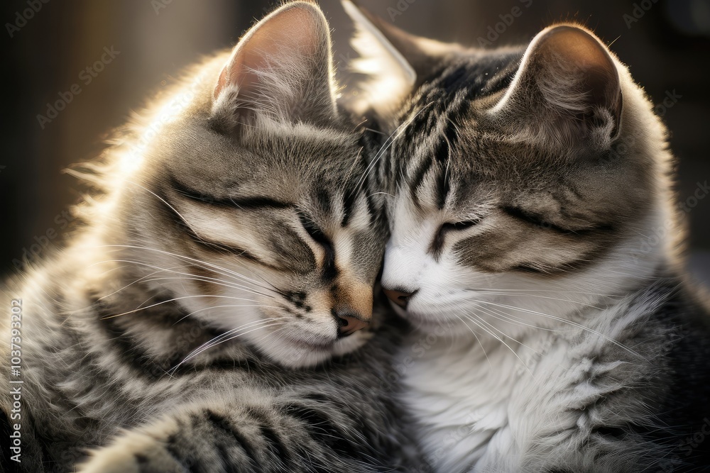 Naklejka premium Two cats rest their heads together basking in the soft afternoon light. Their close bond is evident as they share a peaceful moment of affection