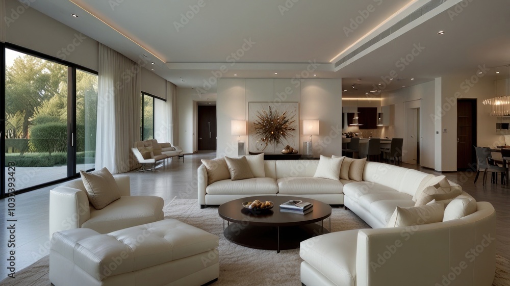 Modern living room with a calm atmosphere bathed in soft natural light. Clean white walls and a plush white sofa create a clean and airy atmosphere. Modern living room with a calm atmosphere bathed in soft natural light. Clean white walls and a plush white sofa create a clean and airy atmosphere.
