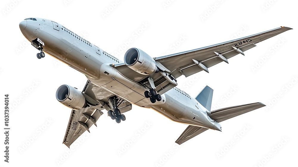 Close-up of the engines and wings of an airplane in flight, isolated on a white background Close-up of the engines and wings of an airplane in flight, isolated on a white background