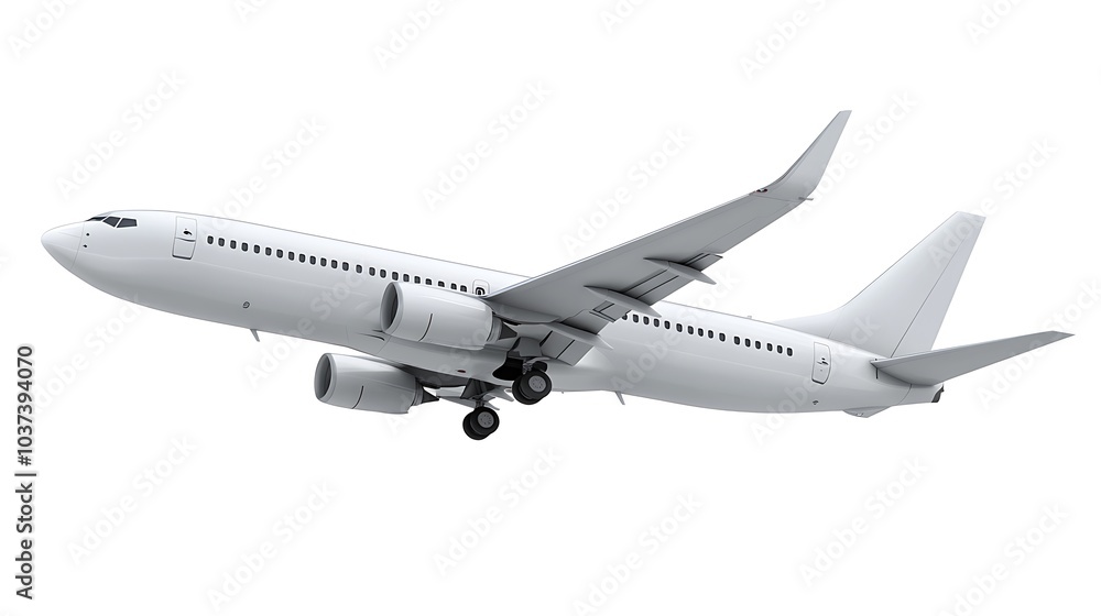 Commercial aircraft in a dynamic pose, angled as if climbing into the sky, with a pure white background Commercial aircraft in a dynamic pose, angled as if climbing into the sky, with a pure white background